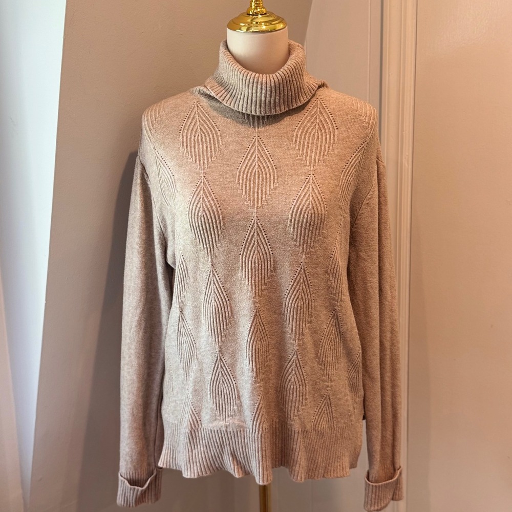 Sioni Tan Pointelle Knit Turtleneck Sweater Cozy Winter Essential | Size M